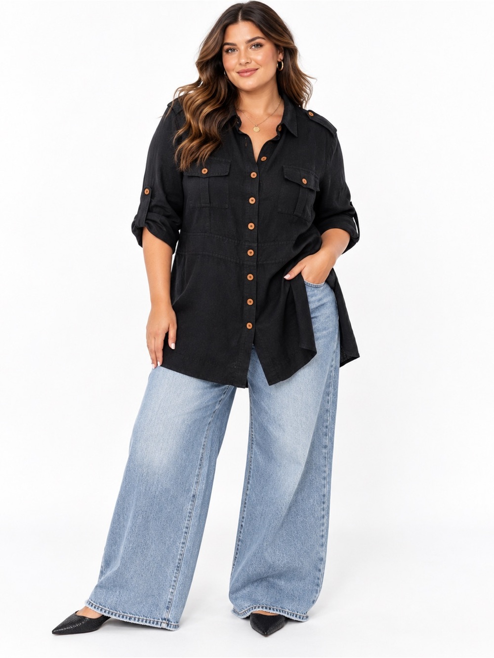 Soft Surroundings Black Linen Blend Tunic Roll Tab Button Shirt SZ 2X lagenlook